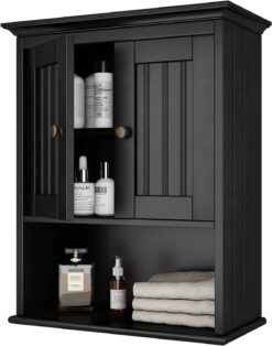 Treocho Wood Wall Cabinet Bathroom Medicine Cabinet Storage with Doors and Adjustable Shelf Wall Mount for Bathroom, Livingroom, Kitchen, Cupboard, Black - 1