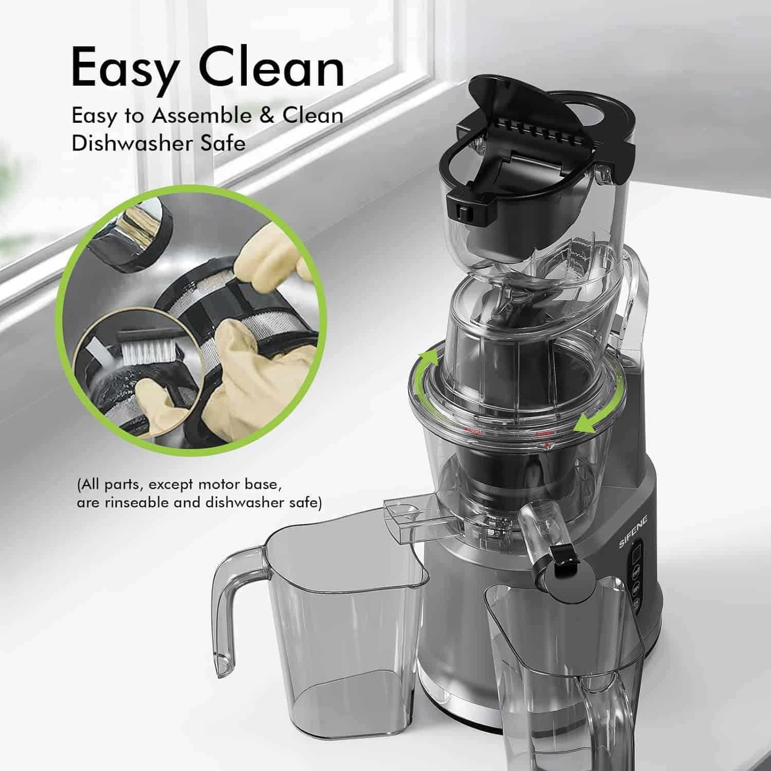 SiFENE Cold Press Whole Slow Masticating Juicer, Easy-Clean, High Yield Fruit & Veg Juice, BPA-Free, Gray SiFENE Cold Press Juicer Machines, Big Mouth 83mm Opening Whole Slow Masticating Juicer, Easy-Clean Juice Extractor Maker For Full-Bodied Fruit & Veg Juice, High Yield, BPA-Free, Gray - 8