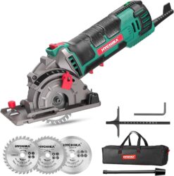 Mini Circular Saw, HYCHIKA Compact Circular Saw Tile Saw with 3 Saw Blades 4A Pure Copper Motor, Scale Ruler, 3-3/8”4500RPM Ideal for Wood, Soft Metal, Tile and Plastic Cuts - 1