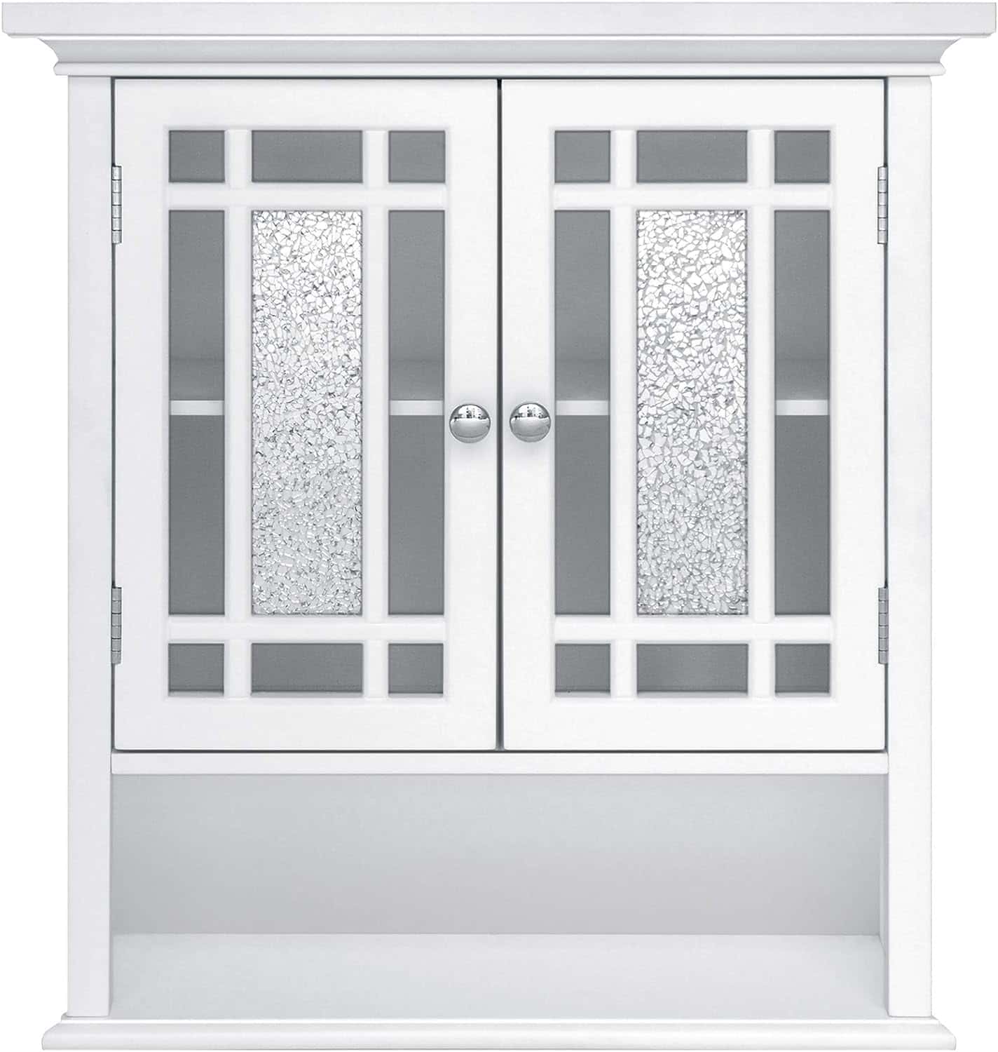 Teamson Home Windsor Wooden Over The Toilet Bathroom Removable Wall Medicine Cabinet, White Teamson Home Windsor Wooden Over The Toilet Bathroom Removable Wall Medicine Cabinet with 1 Fixed and 1 Adjustable Shelf 3 Storage Spaces 2 Glass Mosaic Panel Doors and Chrome-Finished Knobs, White - 7