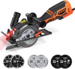 DOVAMAN Circular Saw, 5.8A Mini Circular Saw with Laser, 3500rpm, Metal Auxiliary Handle, Cutting Depth 1-11/16" (90°), 1-3/8" (45°), 6 Saw Blades Ideal for Wood, Soft Metal, Plastic, Tile - MCS01A - 1