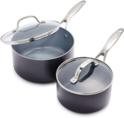 GreenPan Valencia Pro Hard Anodized Healthy Ceramic Nonstick 2QT and 3QT Saucepan Pot Set with Lids, PFAS-Free, Induction, Dishwasher Safe, Oven Safe, Gray - 1