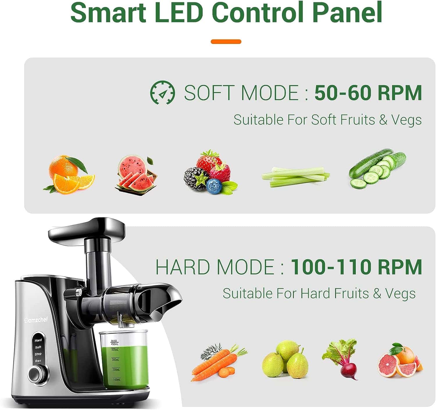 Juicer Machines,AMZCHEF Slow Masticating Juicer Juicer Machines,AMZCHEF Slow Masticating Juicer, Juicer with Two Speed Modes, Travel bottles(500ML),LED display, Easy to Clean Brush & Quiet Motor for Vegetables&Fruits (Gray, GM3001) - 4