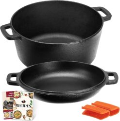 Overmont 2 in 1 Pre Seasoned Dutch Oven with Skillet Lid for Induction, Electric, Grill, Stovetop, BBQ, Camping (5 Quart) - 1