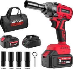 SEYVUM Impact Wrench,1/2" Impact Gun, Power Impact Driver Max Torque 320 Ft-lbs (430N.m), Cordless Impact Wrench with 20V Brushless Motor, 3.0Ah Li-ion Battery with Fast Charger, 4 Pcs Impact Sockets - 1