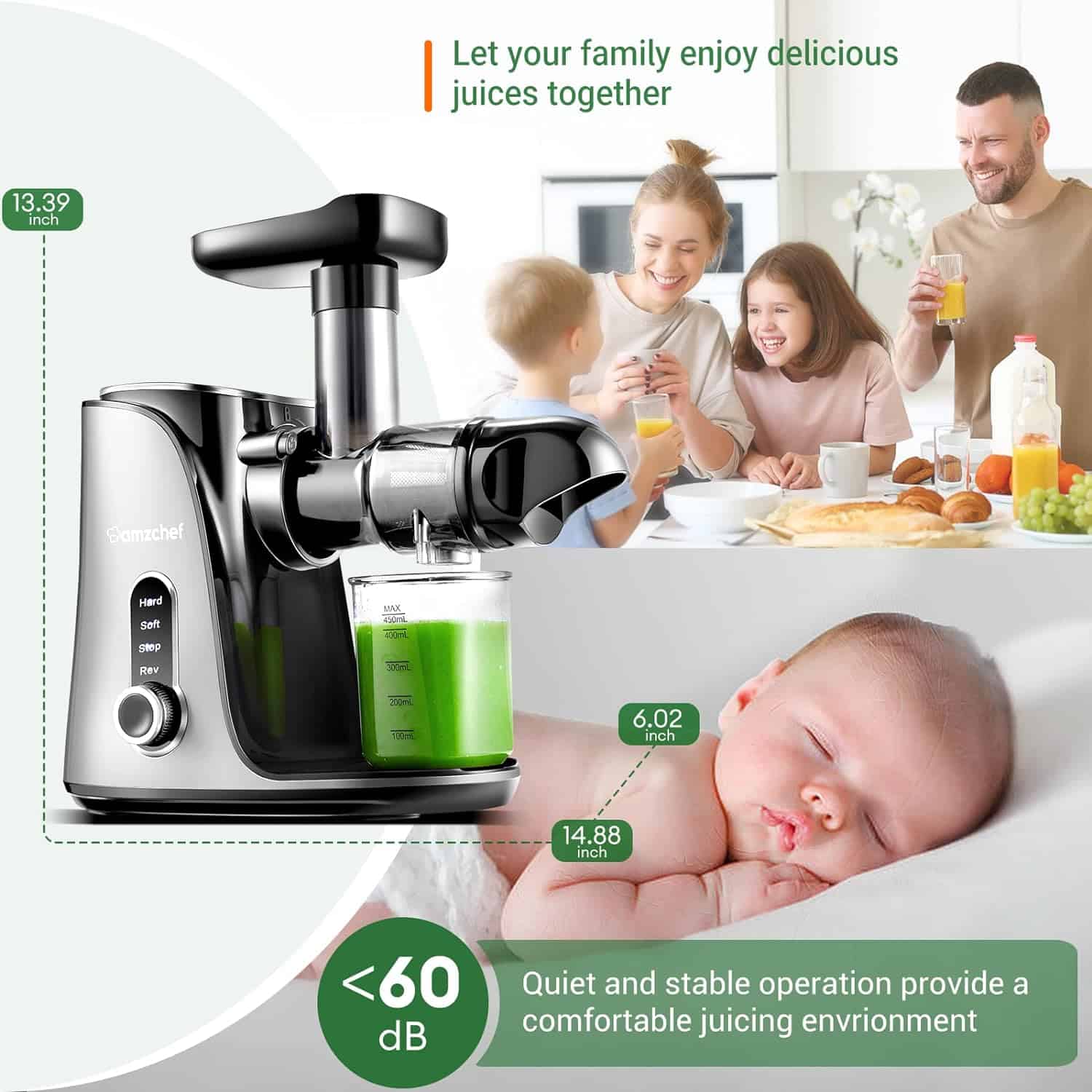 Juicer Machines,AMZCHEF Slow Masticating Juicer Juicer Machines,AMZCHEF Slow Masticating Juicer, Juicer with Two Speed Modes, Travel bottles(500ML),LED display, Easy to Clean Brush & Quiet Motor for Vegetables&Fruits (Gray, GM3001) - 7