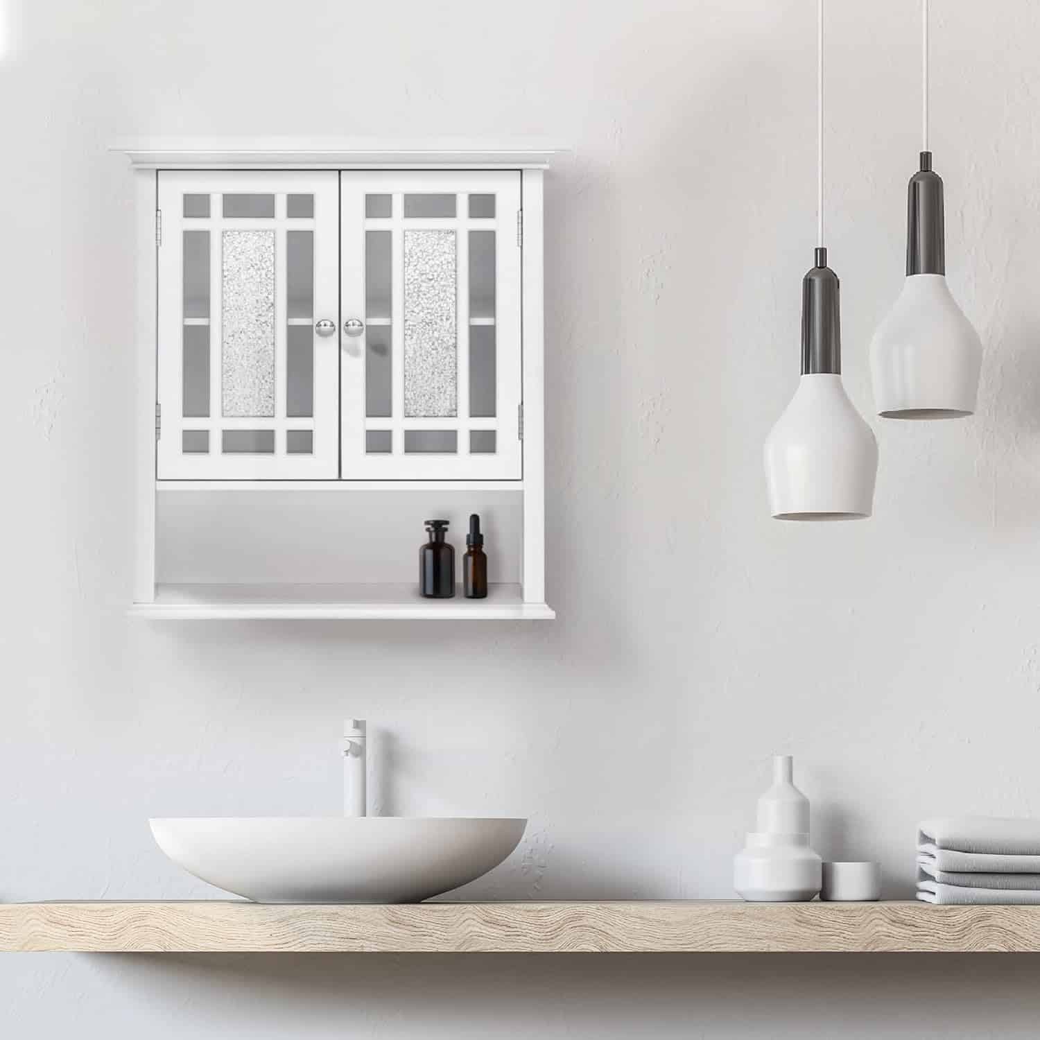 Teamson Home Windsor Wooden Over The Toilet Bathroom Removable Wall Medicine Cabinet, White Teamson Home Windsor Wooden Over The Toilet Bathroom Removable Wall Medicine Cabinet with 1 Fixed and 1 Adjustable Shelf 3 Storage Spaces 2 Glass Mosaic Panel Doors and Chrome-Finished Knobs, White - 3