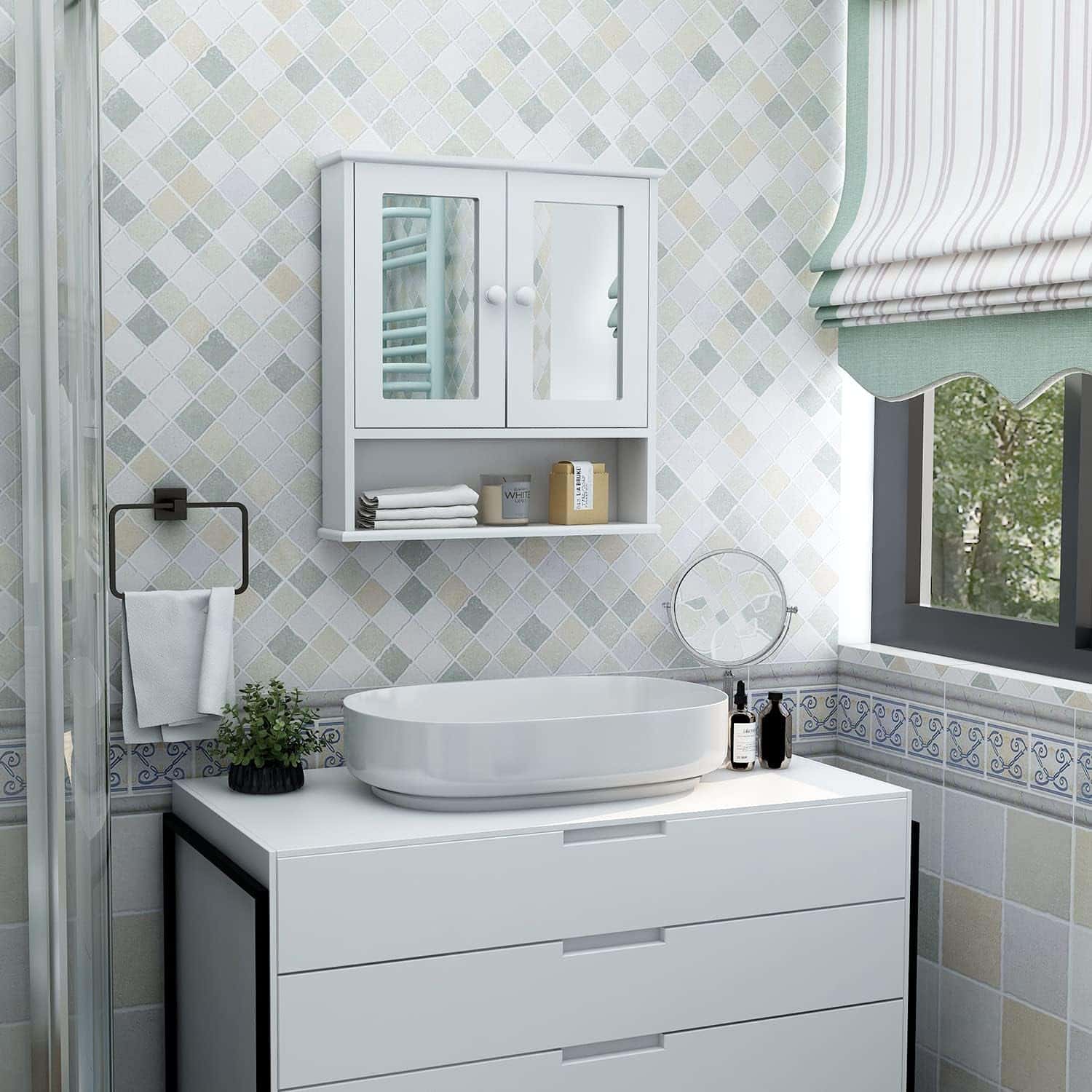 TaoHFE Medicine Cabinet, Medicine Cabinets for Bathroom TaoHFE Medicine Cabinet, Medicine Cabinets for Bathroom with Mirror 2 Doors 3 Open Shelf, Bathroom Cabinet Wall Mounted Wooden Storage Over Toilet Laundry Room Kitchen - 2
