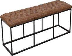 HomePop Faux Leather Button Tufted Decorative Bench with Metal Base, Brown - 1
