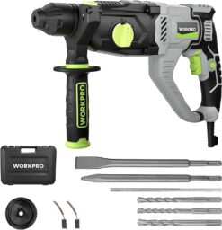 WORKPRO Premium 1-1/4 Inch SDS-Plus Rotary Hammer Drill, 7.5AMP, Lightweight Corded Version for Concrete Demolition Chipping Rotomartillo, 5 SDS-Plus Bits - 1