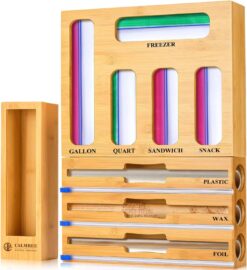 Calmbee 9 IN 1 Storage Bag Organizer for Kitchen Drawer, Bamboo Foil and Plastic Wrap Organizer with Cutter, Kitchen Organizers and Storage Compatible with Gallon, Quart, Sandwich and Snack Size Bag - 1