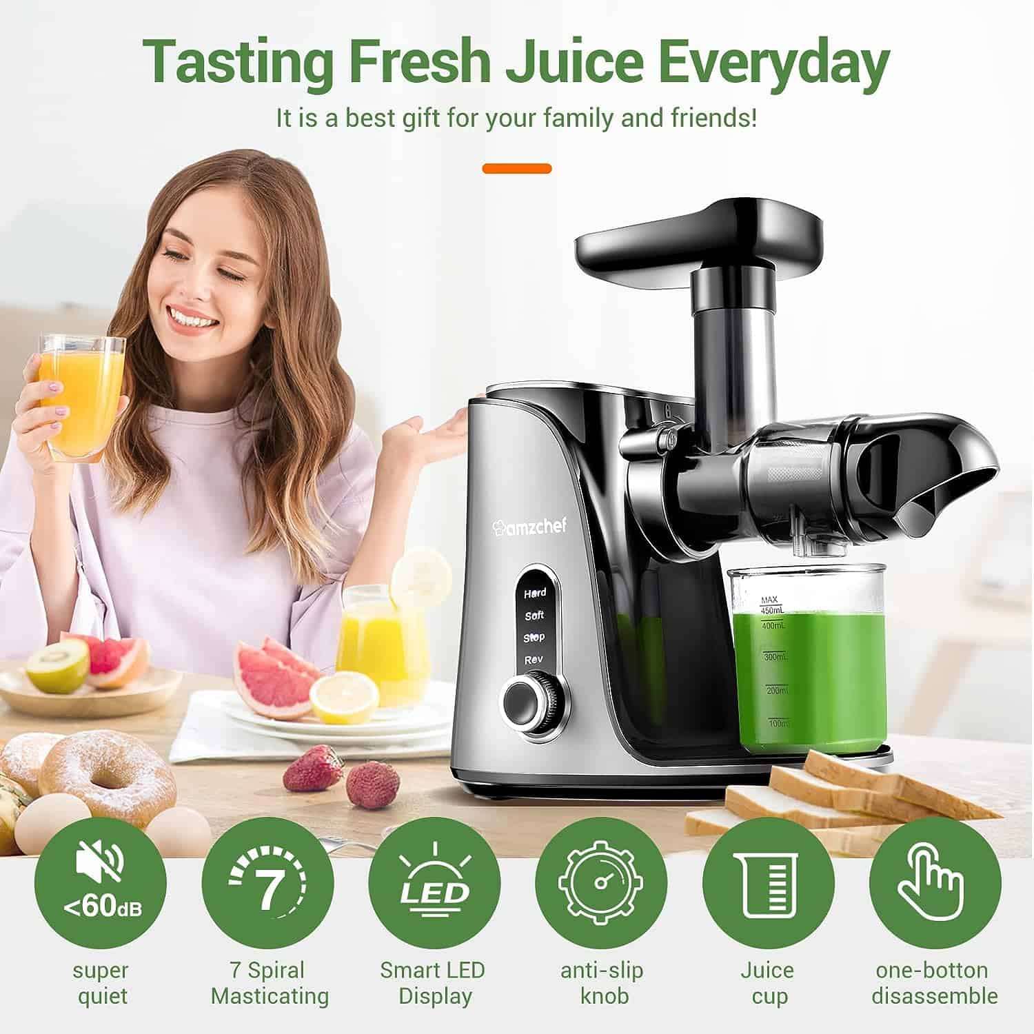 Juicer Machines,AMZCHEF Slow Masticating Juicer Juicer Machines,AMZCHEF Slow Masticating Juicer, Juicer with Two Speed Modes, Travel bottles(500ML),LED display, Easy to Clean Brush & Quiet Motor for Vegetables&Fruits (Gray, GM3001) - 2