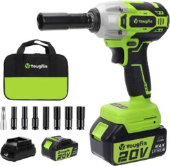 Yougfin Cordless Impact Wrench, 20V Power Brushless Impact Driver,2 Variable Speed Mode, High Torque 320N.M, 4.0Ah Li-ion Battery & Fast Charger, Power Tool for Home ＆ Car (1/2 Inch) - 1