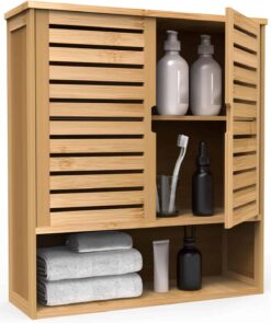 Purbambo Bathroom Wall Cabinet, Bamboo Wall Mount Medicine Cabinet Storage Organizer, Double Doors & 3 Tier Adjustable Shelf - 1