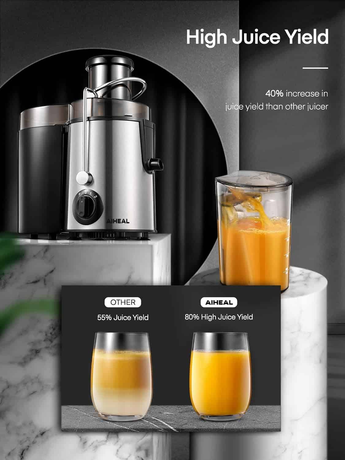 Juicer Machines, Aiheal Juicer Whole Fruit and Vegetables with 3 Speed Control, Centrifugal Juicer Juicer Machines, Aiheal Juicer Whole Fruit and Vegetables with 3 Speed Control, Centrifugal Juicer with Wide Mouth 3” Feed Chute, BPA Free, Easy to Clean, Juice Recipe Included - 4