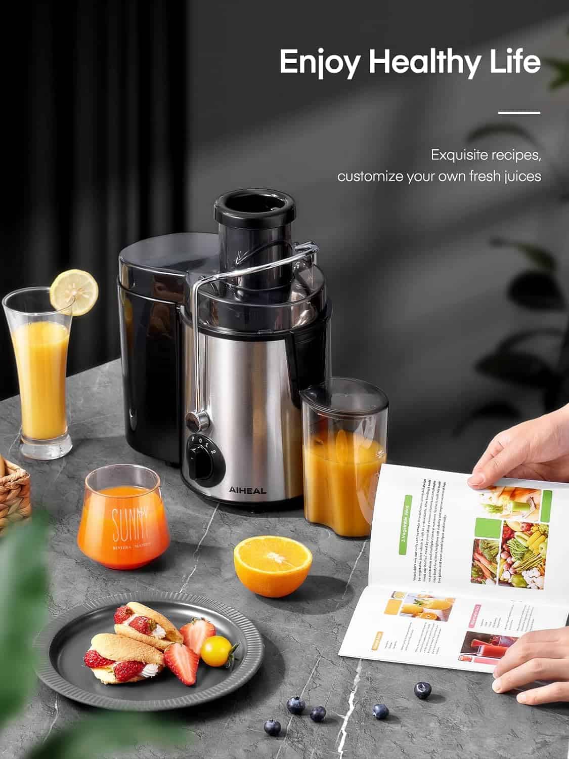 Juicer Machines, Aiheal Juicer Whole Fruit and Vegetables with 3 Speed Control, Centrifugal Juicer Juicer Machines, Aiheal Juicer Whole Fruit and Vegetables with 3 Speed Control, Centrifugal Juicer with Wide Mouth 3” Feed Chute, BPA Free, Easy to Clean, Juice Recipe Included - 8