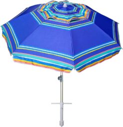 AMMSUN 7ft Heavy Duty High Wind Beach Umbrella Parasols with sand anchor & Tilt Sun Shelter, UV 50+ Protection Outdoor Sunshade Umbrellas Carry Bag for Patio Garden Pool Backyard Stripe Blue - 1