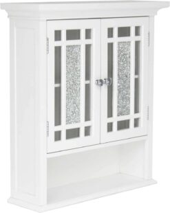 Teamson Home Windsor Wooden Over The Toilet Bathroom Removable Wall Medicine Cabinet with 1 Fixed and 1 Adjustable Shelf 3 Storage Spaces 2 Glass Mosaic Panel Doors and Chrome-Finished Knobs, White - 1