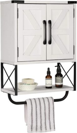 RUSTOWN Farmhouse Rustic Medicine Cabinet with Two Barn Door,Wood Wall Mounted Storage Cabinet with Adjustable Shelf and Towel Bar, 3-Tier Cabinet for Bathroom, Living Room(Vintage White) - 1
