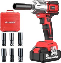 AOBEN 21V Cordless High Torque Impact Wrench 1/2 inch, Powerful Brushless Motor with Max Torque 450 ft-lb (600N.m), 4.0Ah Battery, 6 PCS Sockets (17-22mm), Fast Charger and Tool Box - 1