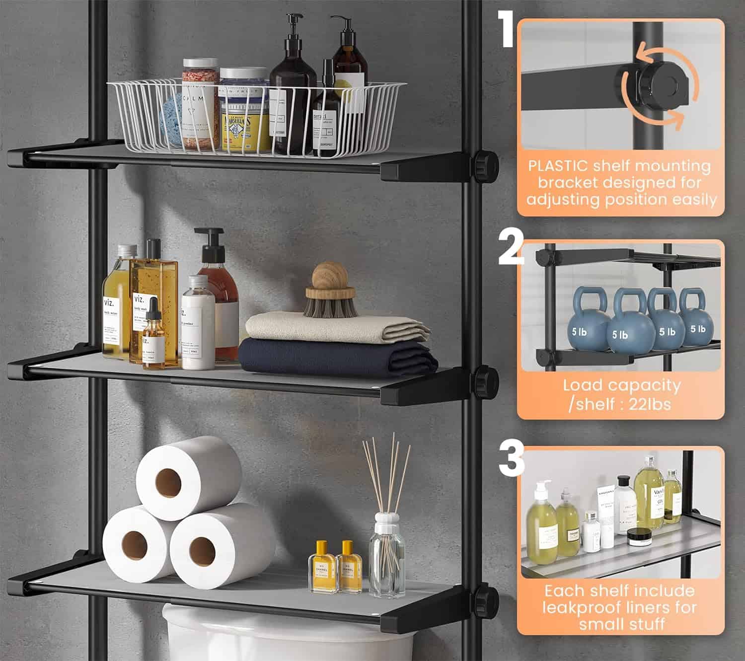 ALLZONE Bathroom Organizer: 4-Tier Over Toilet Storage, Space Saver, Adjustable, Black ALLZONE Bathroom Organizer, Over The Toilet Storage, 4-Tier Adjustable Shelves for Small Room, Saver Space, 92 to 116 Inch Tall, Black - 3