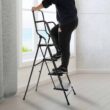 WiberWi 4 Step Ladder with Handrails 500 lb Capacity Step Stool Folding Portable Ladders for Home Kitchen Steel Frame with Non-Slip Wide Pedal Stepladder with Attachable Tool Bag Black - 2
