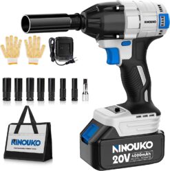 NINOUKO Cordless Impact Wrench 1/2 inch, 20V Electric Impact Gun 400N.m Brushless Impact Wrench Driver Kit 3000 RPM Variable Speed, High Torque, with 4.0Ah Battery & Fast Charger, Impact Sockets - 1