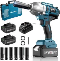 Seesii Cordless Electric Impact Wrench 1/2 inch for Car Home, 580Ft-lbs(800N.m) Brushless, 3300RPM High Torque Gun w/ 2x 4.0Ah Battery,Charger & 6 Sockets, WH710 - 1