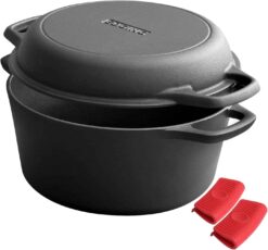 EDGING CASTING 2-in-1 Pre-Seasoned Cast Iron Dutch Oven Pot with Skillet Lid Cooking Pan, Cast Iron Skillet Cookware Pan Set with Dual Handles Indoor Outdoor for Bread, Frying, Baking, Camping, BBQ, 5QT - 1