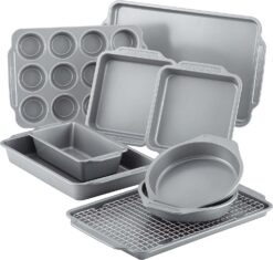 Farberware Nonstick Steel Bakeware Set with Cooling Rack, Baking Pan and Cookie Sheet Set with Nonstick Bread Pan and Cooling Grid, 10-Piece Set, Gray - 1