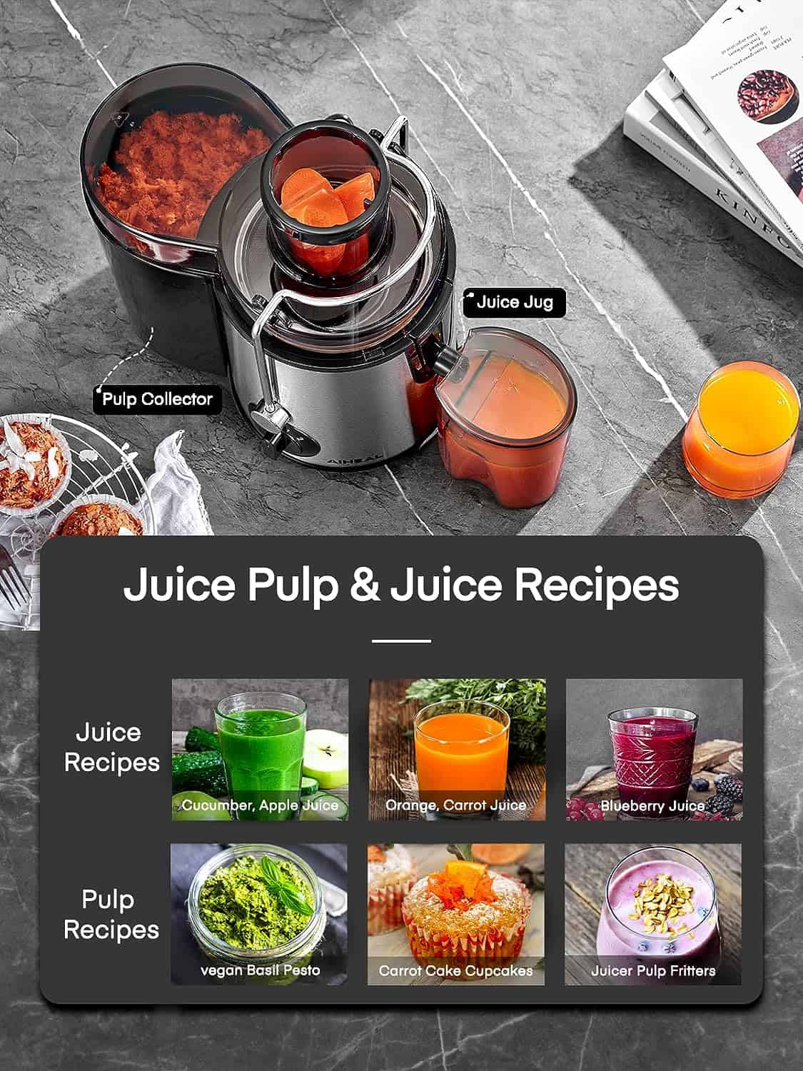 Juicer Machines, Aiheal Juicer Whole Fruit and Vegetables with 3 Speed Control, Centrifugal Juicer Juicer Machines, Aiheal Juicer Whole Fruit and Vegetables with 3 Speed Control, Centrifugal Juicer with Wide Mouth 3” Feed Chute, BPA Free, Easy to Clean, Juice Recipe Included - 6