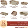Rachael Ray Cucina Nonstick Bakeware Set Baking Cookie Sheets Cake Muffin Bread Pan, 10 Piece, Latte Brown with Cranberry Red Grips - 2