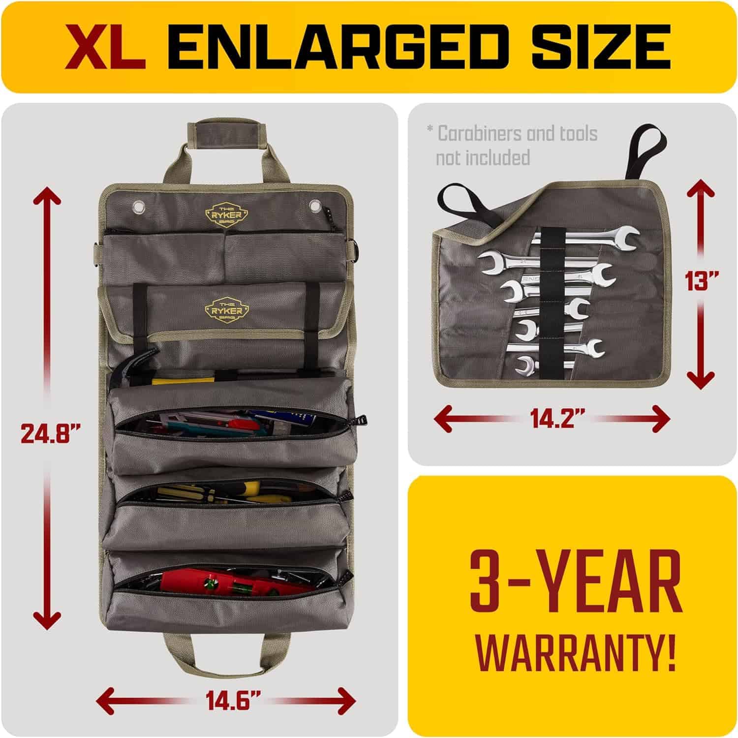 The Ryker Bag PRO Official Tool Roll Organizer The Ryker Bag PRO Official Tool Roll Organizer – 4 Detachable Tool Pouches + Wrench Organizer, Heavy Duty Tool Bags for men + women Roll Up Tool Bag for Mechanic/Electrician Tools Storage - 4