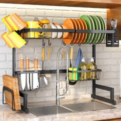 Over The Sink Dish Drying Rack, Adjustable (26.8" to 34.6") Large Dish Drying Rack for Kitchen Counter with Multiple Baskets Utensil Sponge Holder Sink Caddy, 2 Tier Black - 1