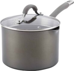 Circulon 84567 3-Qt.Covered Straining Pour Spouts Hard Anodized Aluminum Saucepan, 3 quart, Oyster Gray - 1
