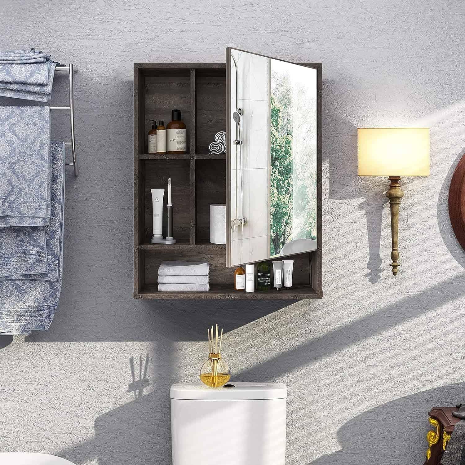 ChooChoo Bathroom Wall Mirror Cabinet, Medicine Cabinet, Grey ChooChoo Bathroom Wall Mirror Cabinet, Medicine Cabinet with Single Door and Adjustable Shelf, Over The Toilet Space Saver Storage Cabinet, Grey - 2