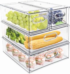 MineSign 4 pack Stackable Refrigerator Organizer Bins Pull-Out Drawers for Fruit and Veggies Storage Organizer for Fridge Clear Drawer Containers with Handle Divided Organization for Produce Saver - 1