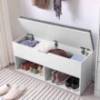 VASAGLE Shoe Bench, Storage Bench with 2 Open and 1 Closed Compartments, Shoe Shelf, Padded Seat, for Entryway, Living Room, Bedroom, White and Gray ULHS021W01 - 5