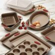 Rachael Ray Cucina Nonstick Bakeware Set Baking Cookie Sheets Cake Muffin Bread Pan, 10 Piece, Latte Brown with Cranberry Red Grips - 7