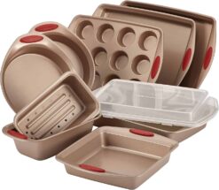 Rachael Ray Cucina Nonstick Bakeware Set Baking Cookie Sheets Cake Muffin Bread Pan, 10 Piece, Latte Brown with Cranberry Red Grips - 1