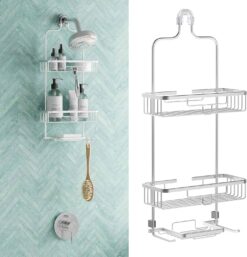 Zenna Home Hanging Shower Caddy, Over the Shower Head Bathroom Storage, Rustproof, No Drilling, Bath Organizer with 2 Shelves, Soap Tray, Razor Holders and Hooks, Satin Chrome - 1