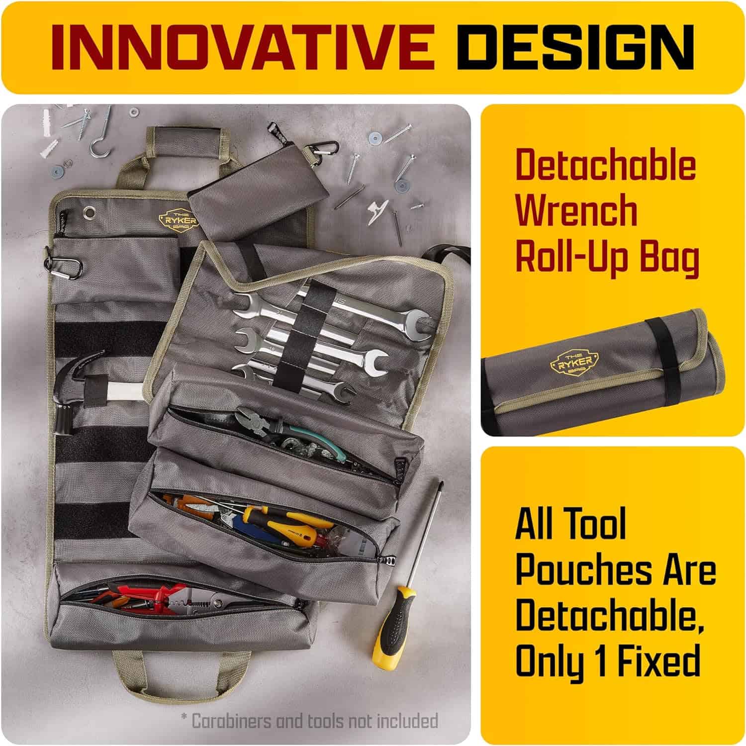 The Ryker Bag PRO Official Tool Roll Organizer The Ryker Bag PRO Official Tool Roll Organizer – 4 Detachable Tool Pouches + Wrench Organizer, Heavy Duty Tool Bags for men + women Roll Up Tool Bag for Mechanic/Electrician Tools Storage - 3
