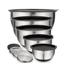Wildone Mixing Bowls Set of 5, Stainless Steel Nesting Bowls with Airtight Lids, 3 Grater Attachments, Measurement Marks & Non-Slip Bottoms