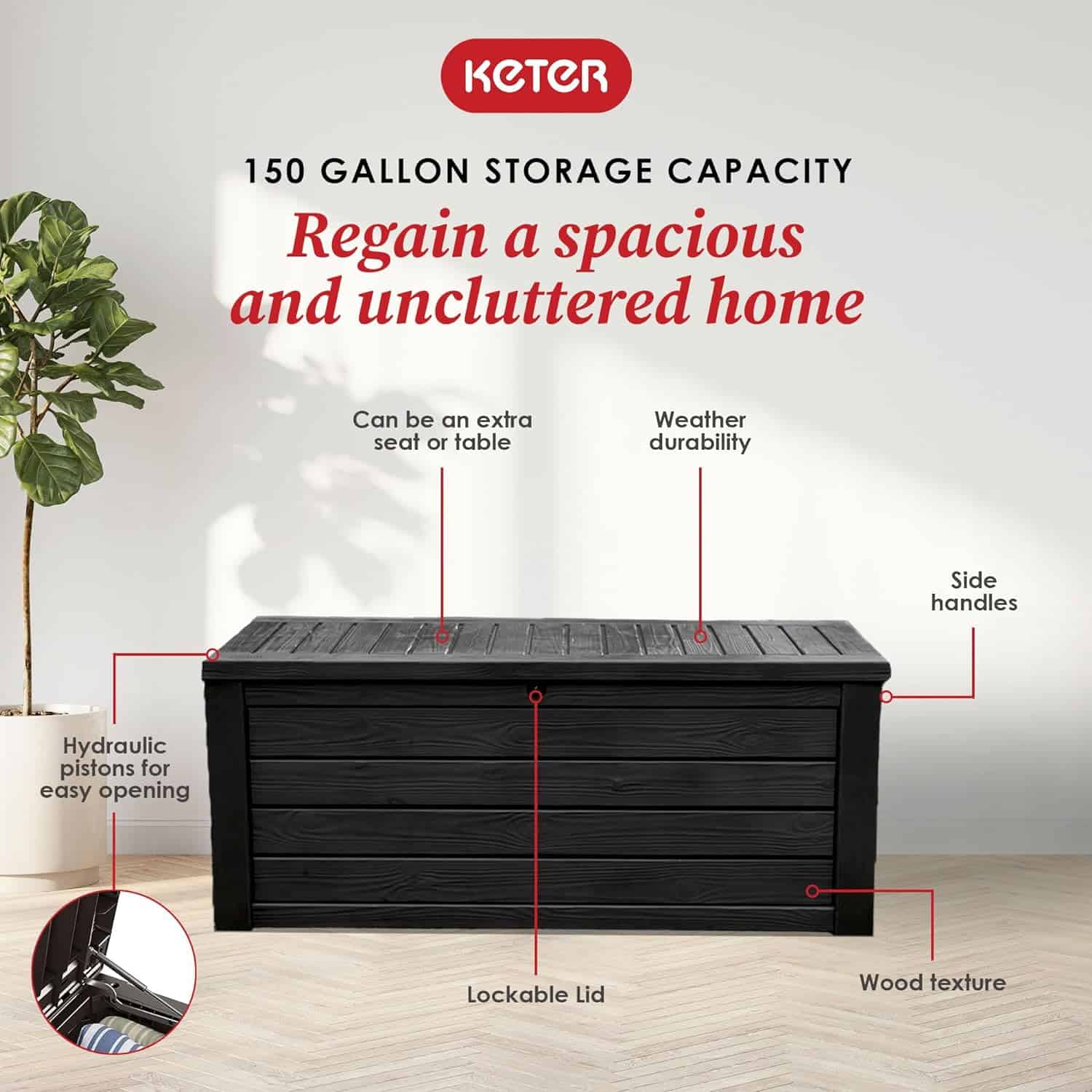 Keter Westwood 150 Gallon Plastic Backyard Deck Box and Storage, Dark Gray Keter Westwood 150 Gallon Plastic Backyard Deck Box and Storage for Patio Furniture, Outdoor Cushions, Garden Tools, and Pool Accessories, Dark Gray - 9