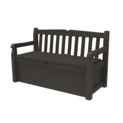 Keter Solana 70 Gallon Storage Bench Deck Box for Patio Furniture, Front Porch Decor and Outdoor Seating, Brown