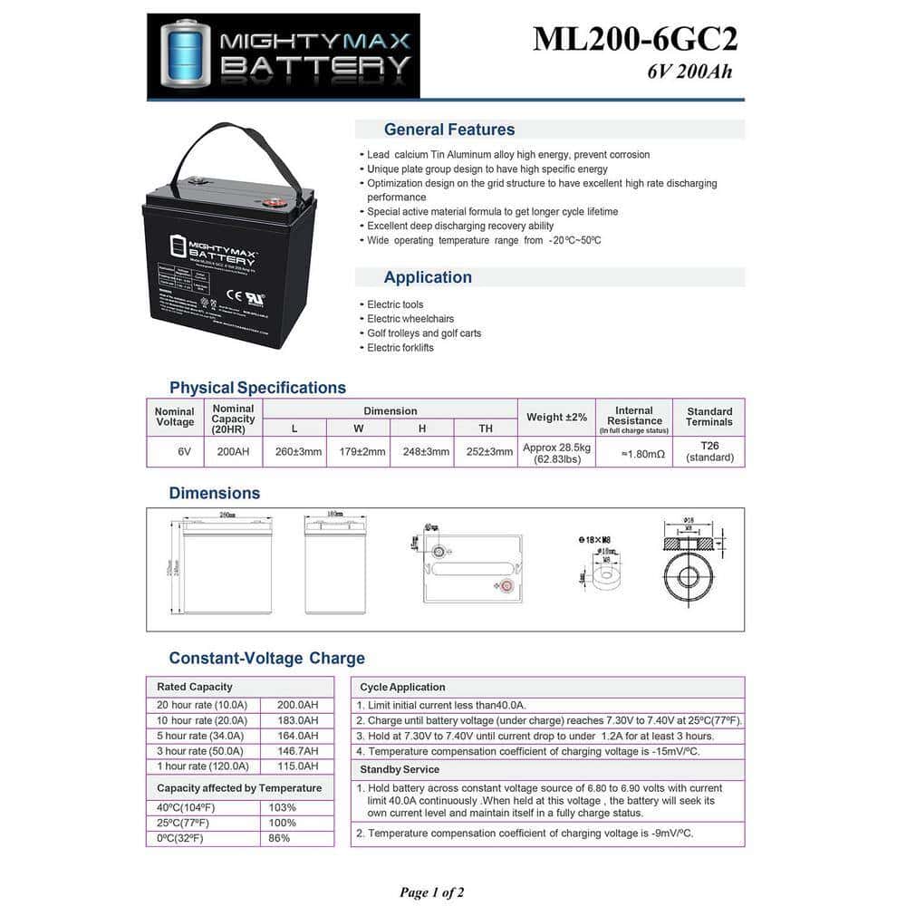 MIGHTY MAX BATTERY MAX3971249 ML200-6GC2 - 6 Volt 200 AH, Internal Thread (INT) Terminal MIGHTY MAX BATTERY MAX3971249 ML200-6GC2 - 6 Volt 200 AH, Internal Thread (INT) Terminal - Image 5