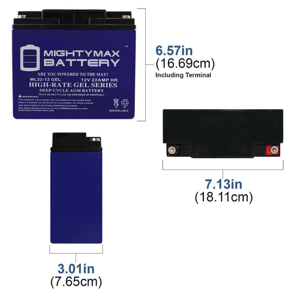 MIGHTY MAX BATTERY ML22-12GELMP2 12-Volt 22 Ah SLA (Sealed Lead Acid) GEL AGM Type Replacement Battery MIGHTY MAX BATTERY ML22-12GELMP2 12-Volt 22 Ah SLA (Sealed Lead Acid) GEL AGM Type Replacement Battery - Image 3