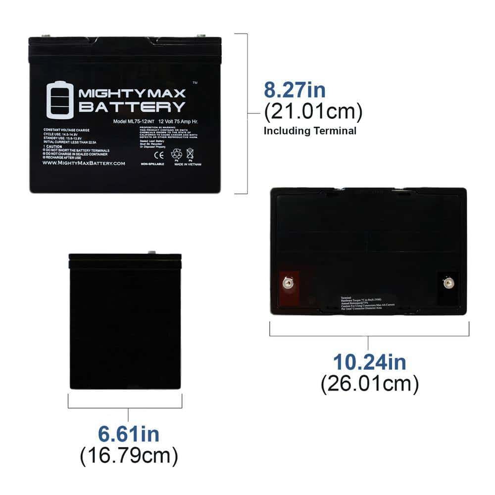 MIGHTY MAX BATTERY ML75-12INT 12-Volt 75 Ah Rechargeable Sealed Lead Acid (SLA) Internal Thread Battery MIGHTY MAX BATTERY ML75-12INT 12-Volt 75 Ah Rechargeable Sealed Lead Acid (SLA) Internal Thread Battery - Image 2