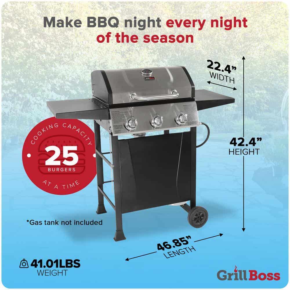Grill Boss GBC1932M 3 Burner Gas Grill in Black with Top Cover and Shelves Stainless Steel, 2 Number of Side Burners Grill Boss GBC1932M 3 Burner Gas Grill in Black with Top Cover and Shelves Stainless Steel, 2 Number of Side Burners - Image 6