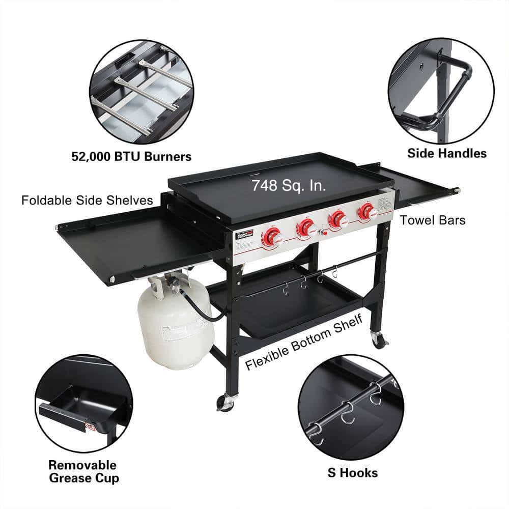 Royal Gourmet GB4000F 36 in. 4-Burner Propane BBQ Grill in Black Flat Top Gas Griddle with Top Cover Lid, for Large Outdoor Camping Royal Gourmet GB4000F 36 in. 4-Burner Propane BBQ Grill in Black Flat Top Gas Griddle with Top Cover Lid, for Large Outdoor Camping - Image 7